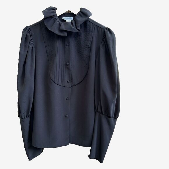 Vintage Saint Clair Paris Blouse Size 6 Black Button Front Ruffle Collar Top - Picture 1 of 8